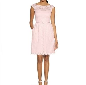 WHBM 14 Pink lace dress with pockets and belt